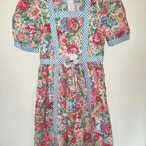 VTG Girls Gingham Plaid Floral Short Sleeve Dress Party Easter Cottage Retro 90s